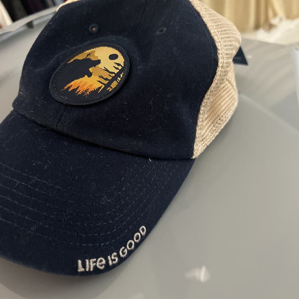 Life Is Good Hiking Bear Sunset Navy & Khaki Baseball Cap Hat Lid NWT